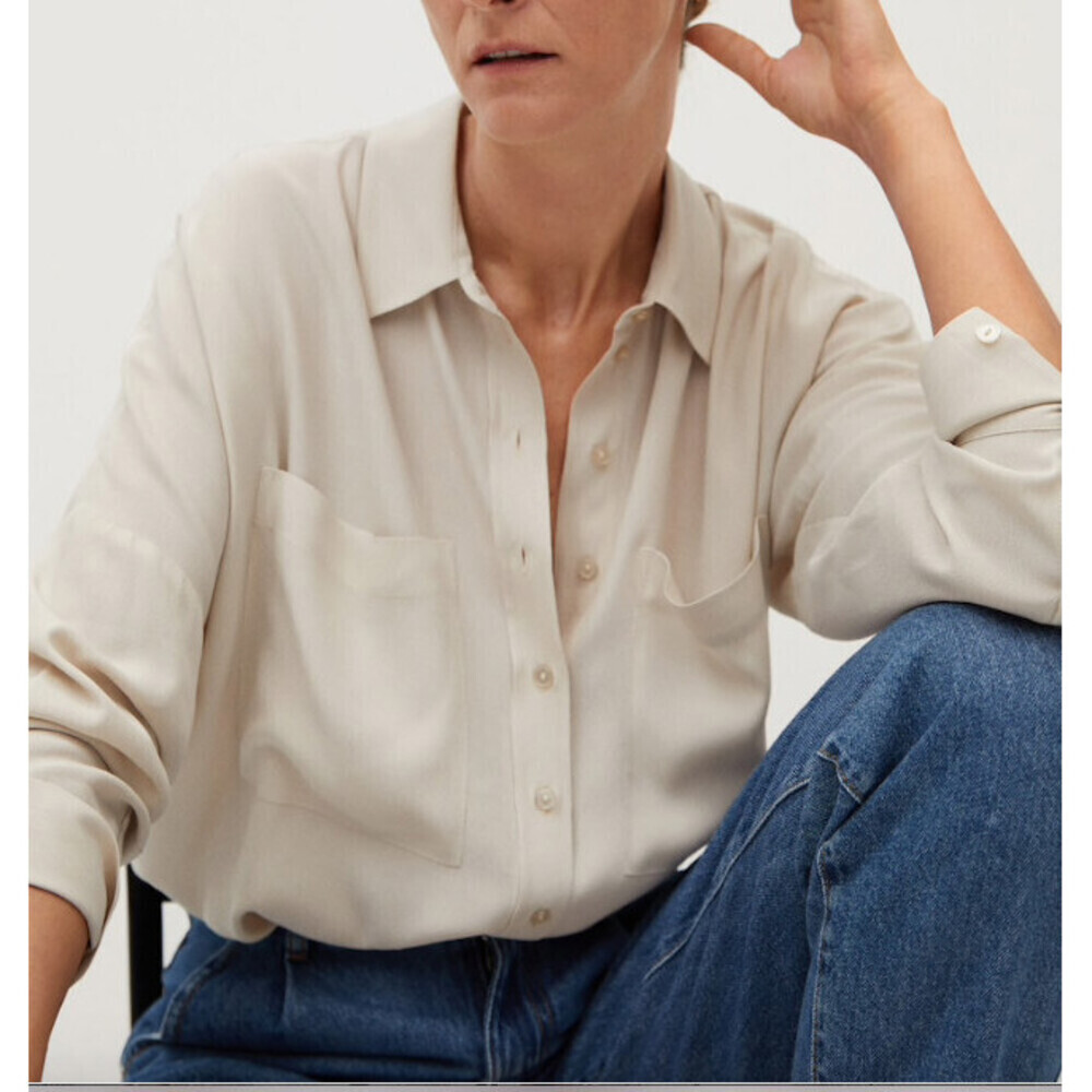 Mango Women's Viscose Pocket Button Up Shirt In Natural Beige Size 8 US (L EU) - Picture 2 of 5